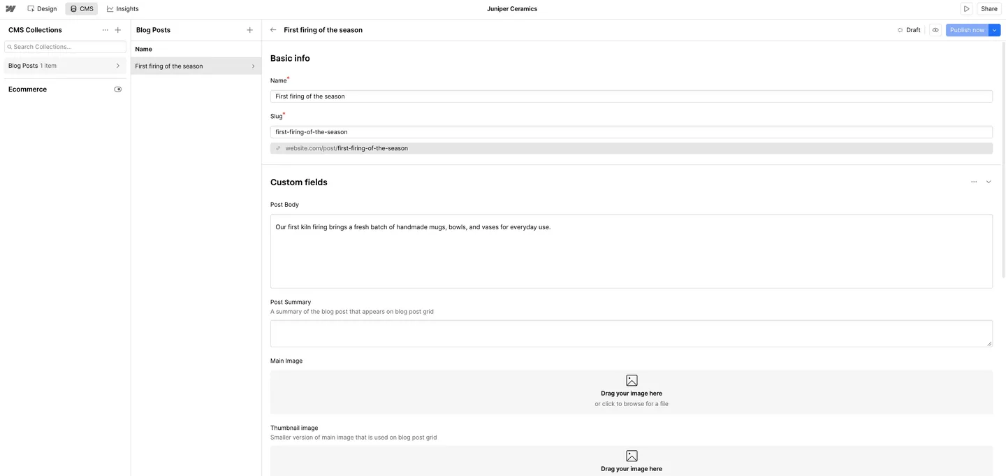 Webflow CMS editor with one draft Blog Posts item, First firing of the season