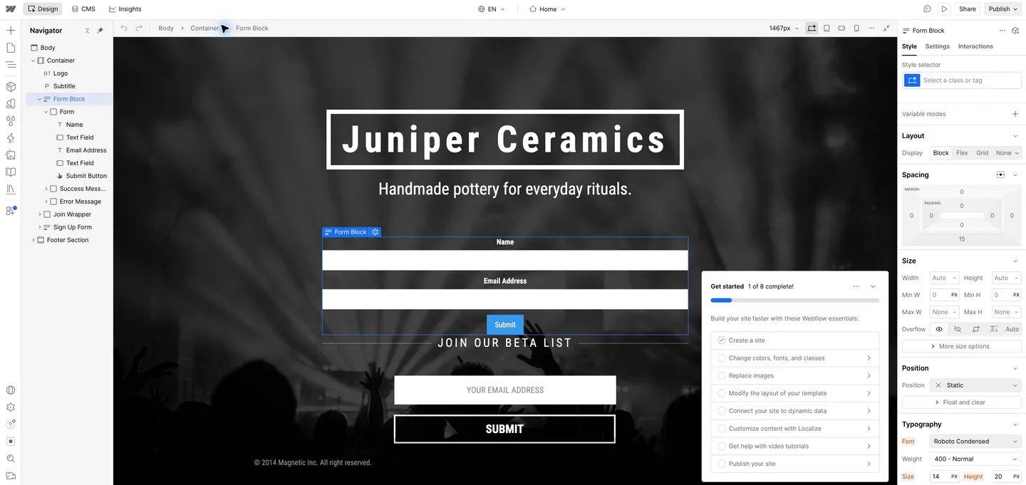 Webflow Designer with a new Form Block selected under the edited Juniper Ceramics hero