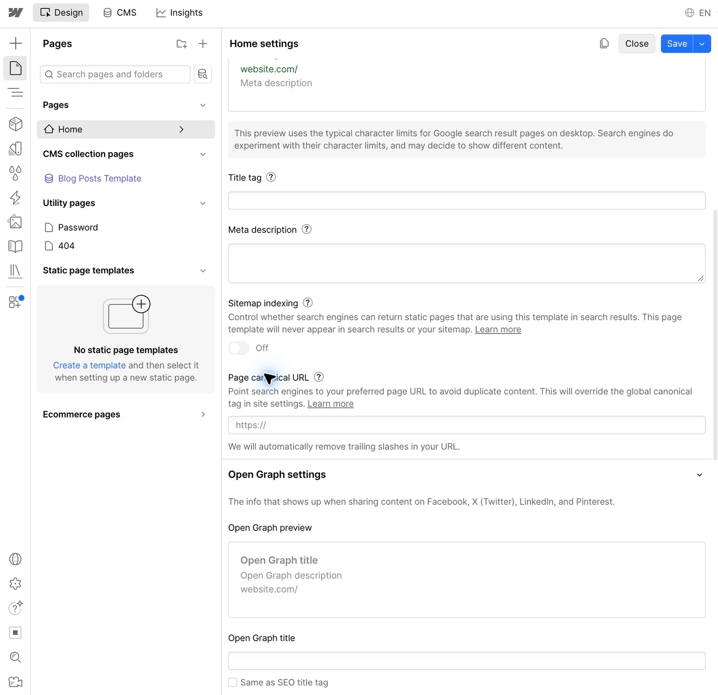 Webflow Home settings with title tag, meta description, sitemap indexing, canonical URL and Open Graph fields
