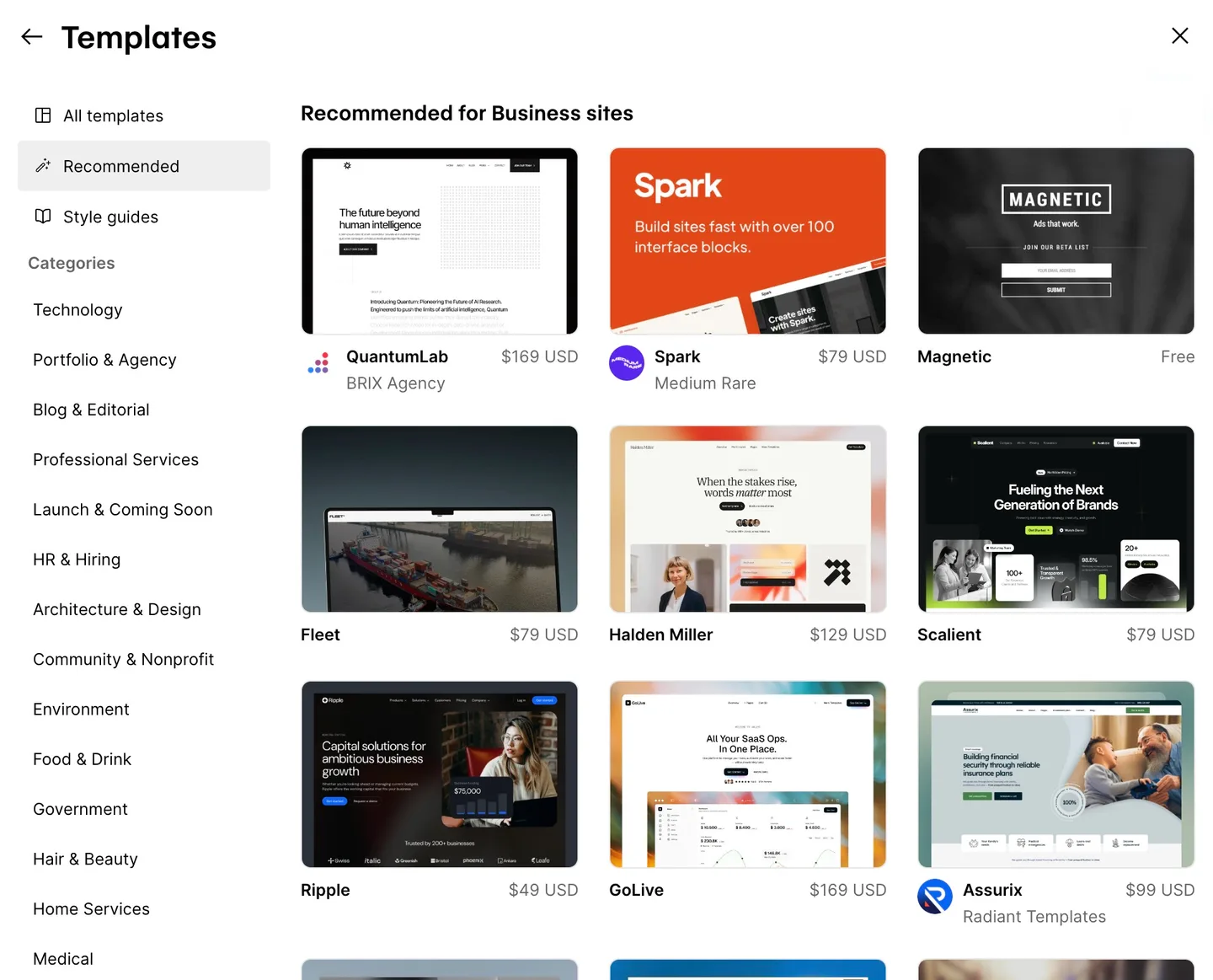 Webflow template picker with paid templates from $49 to $169 next to the free Magnetic template