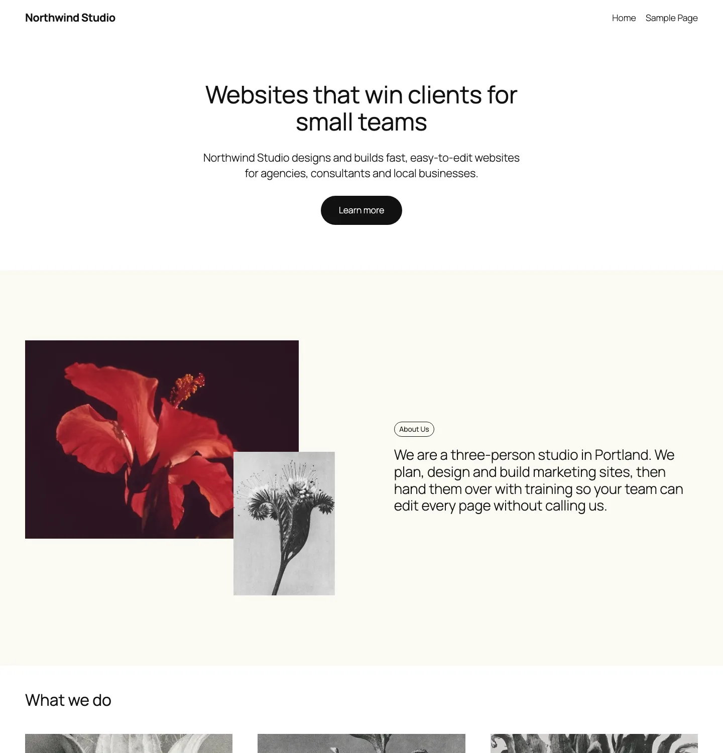 A small agency marketing page built in WordPress with the Twenty Twenty-Five theme, showing a centered hero, an about section and a services row