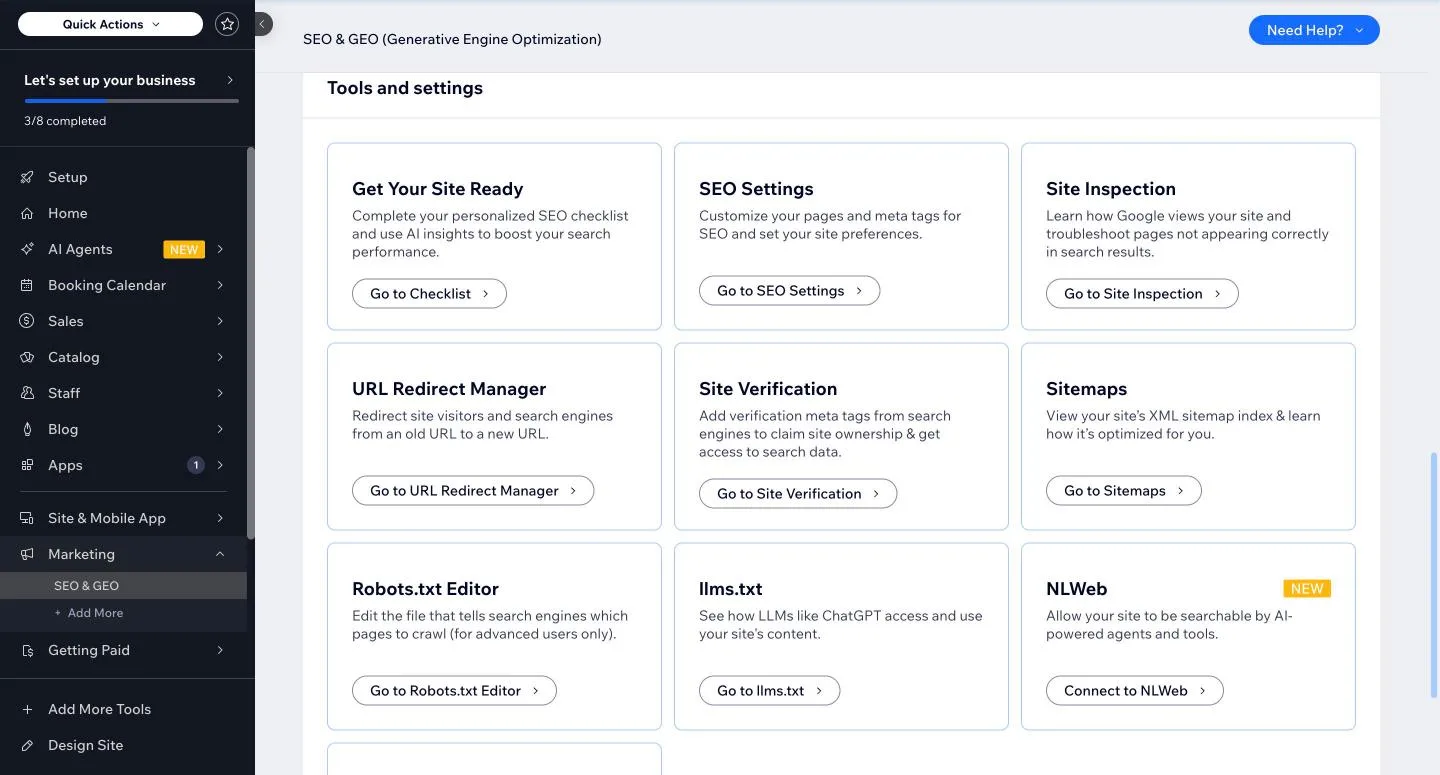 Wix SEO and GEO dashboard listing tools such as SEO Settings, URL Redirect Manager, Sitemaps, Robots.txt Editor and llms.txt
