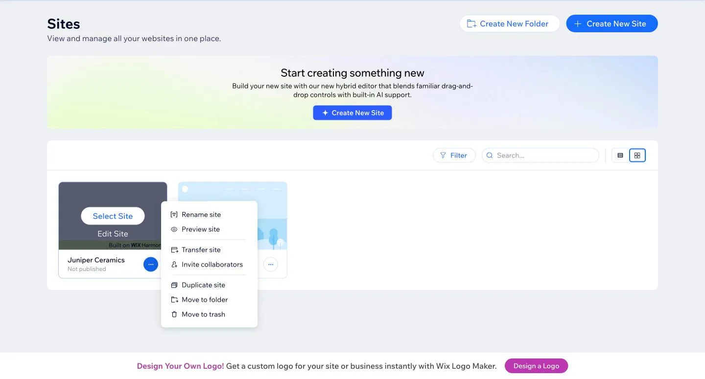 Wix site actions menu with Rename, Preview, Transfer, Invite collaborators, Duplicate, Move to folder and Move to trash, but no export