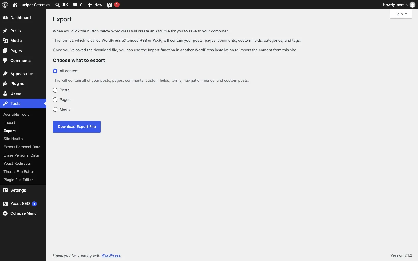 WordPress Tools > Export screen with All content selected and a Download Export File button
