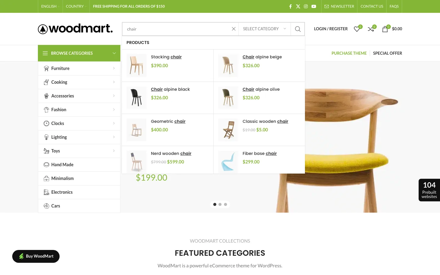 WoodMart AJAX live search dropdown showing chair products with thumbnails and prices