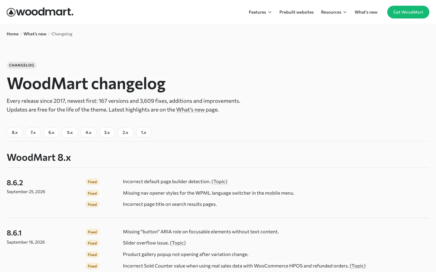 WoodMart changelog page showing version 8.6.2 from September 25, 2026 at the top