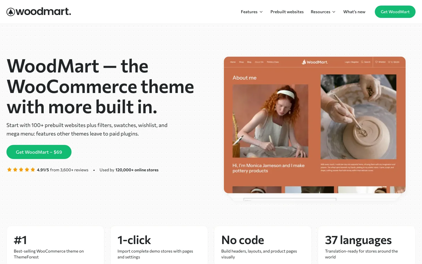 WoodMart homepage with the headline about a WooCommerce theme with more built in and a $69 buy button