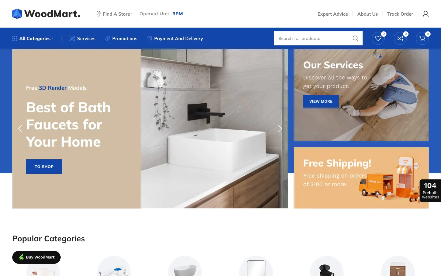WoodMart Megamarket demo home page with an All Categories menu, search bar and wishlist, compare and cart icons