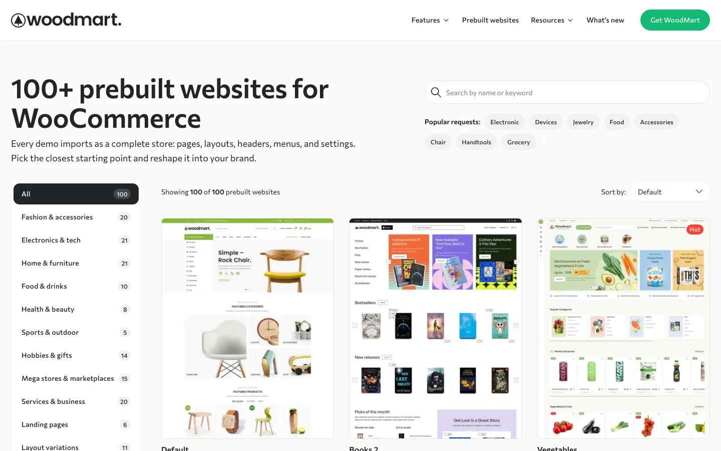 WoodMart prebuilt websites library showing 100 demos with category filters on the left