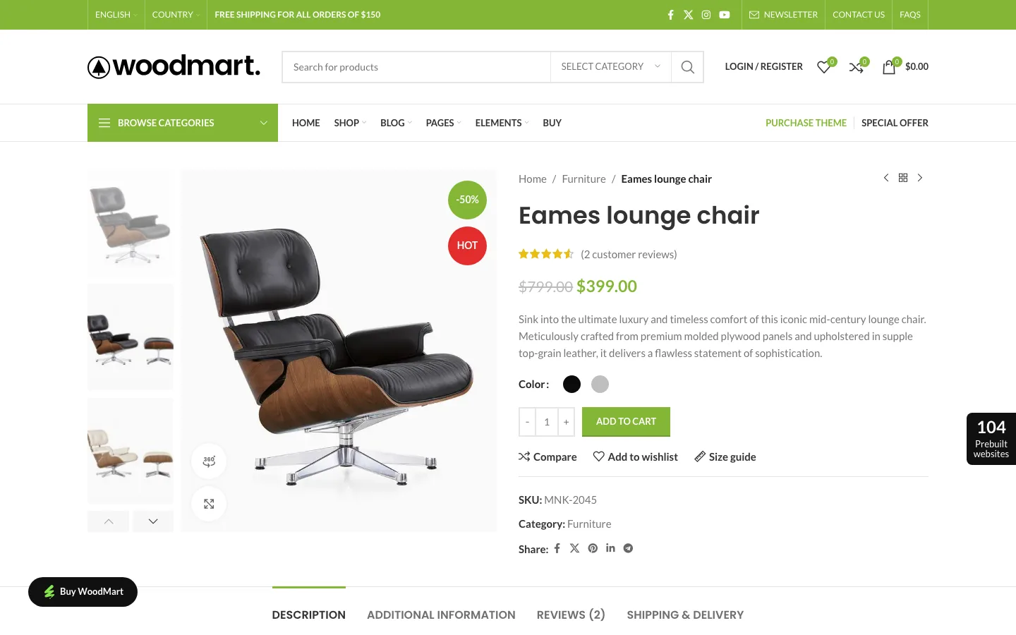 WoodMart product page with color swatches, add to cart, compare, wishlist and size guide links