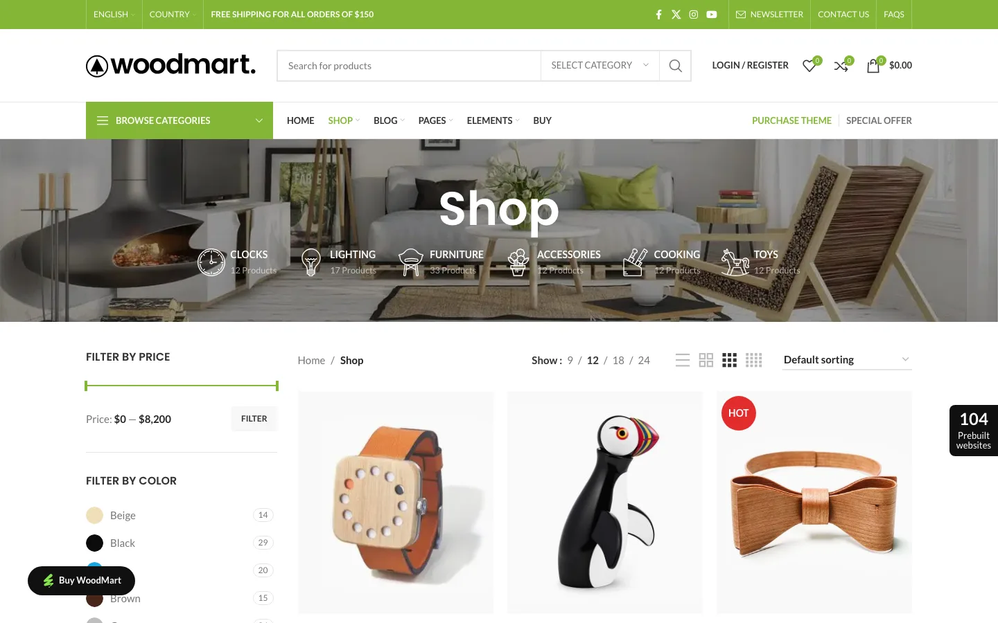 WoodMart default demo shop page with price and color filters in a sidebar and a product grid
