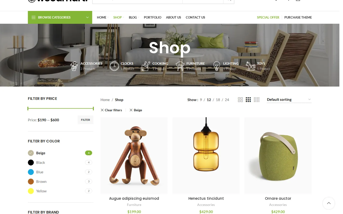 WoodMart shop page filtered by the Beige color, with Clear filters and Beige chips above the product grid, and price, color, size and brand filters in the sidebar
