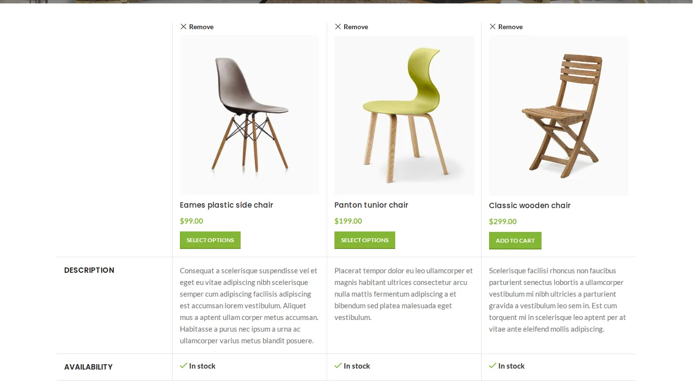 WoodMart compare page with three chairs side by side, showing price, Select options or Add to cart buttons, description and availability rows