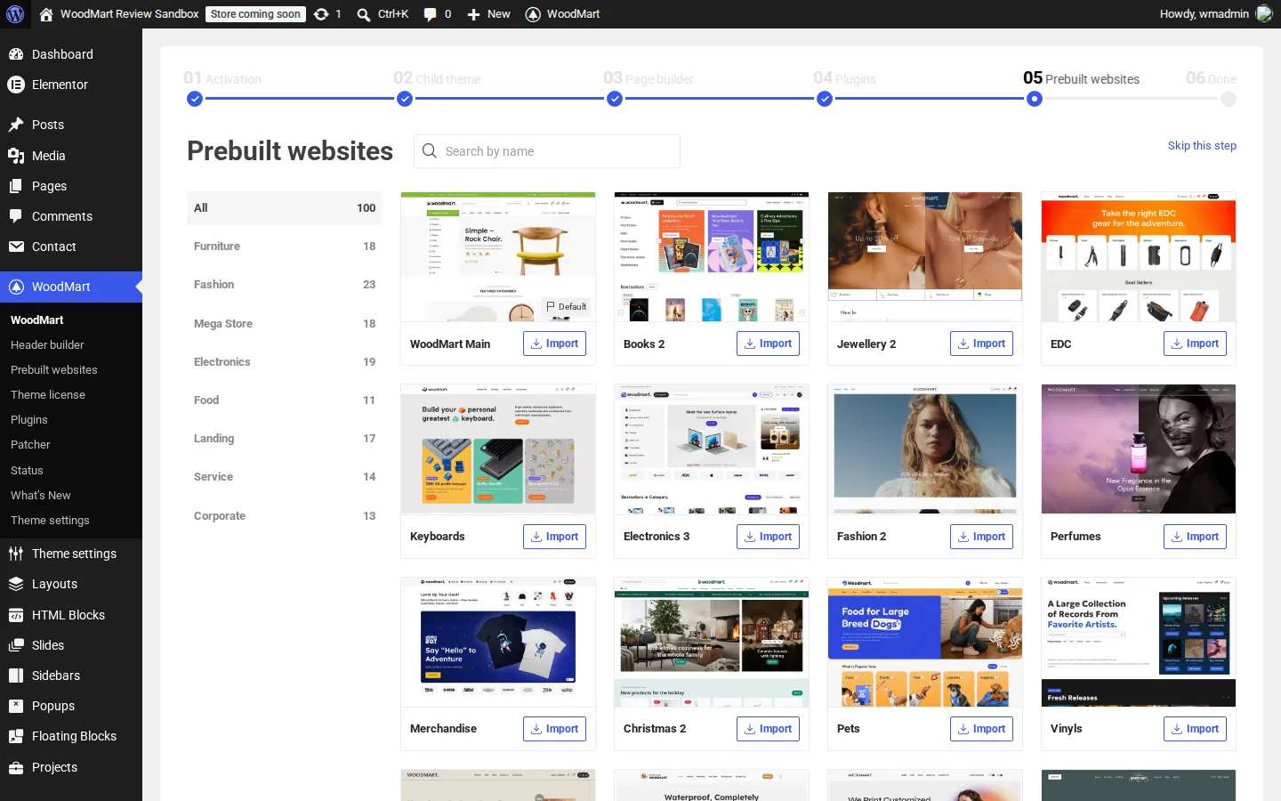 WoodMart prebuilt websites step in the setup wizard showing 100 demos, category filters and cards for WoodMart Main, Books 2, Jewellery 2, EDC, Keyboards and more