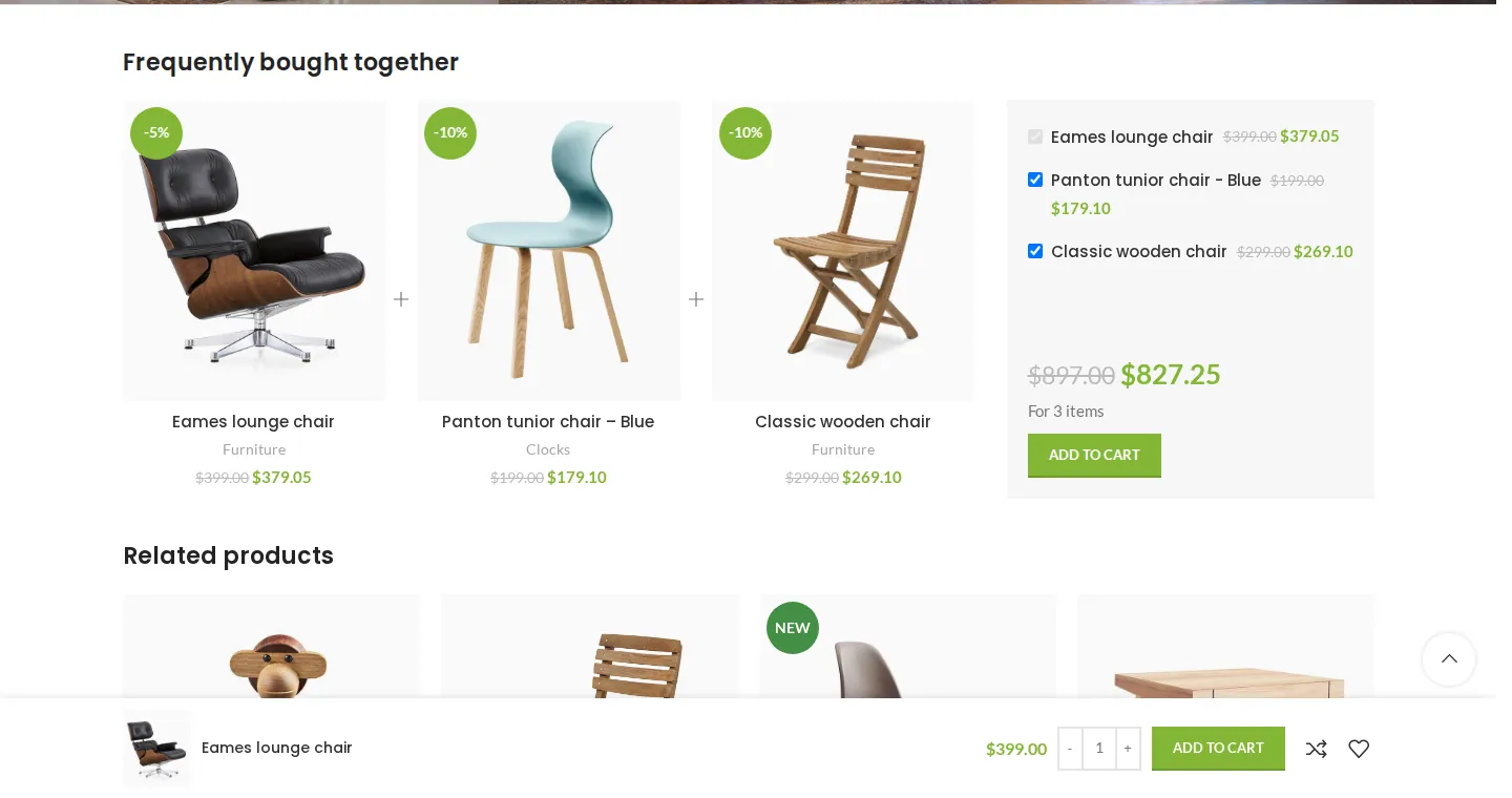 WoodMart frequently bought together block with the Eames lounge chair at 5% off and two chairs at 10% off, checkboxes and a bundle price of $827.25 instead of $897, plus a sticky add to cart bar at the bottom