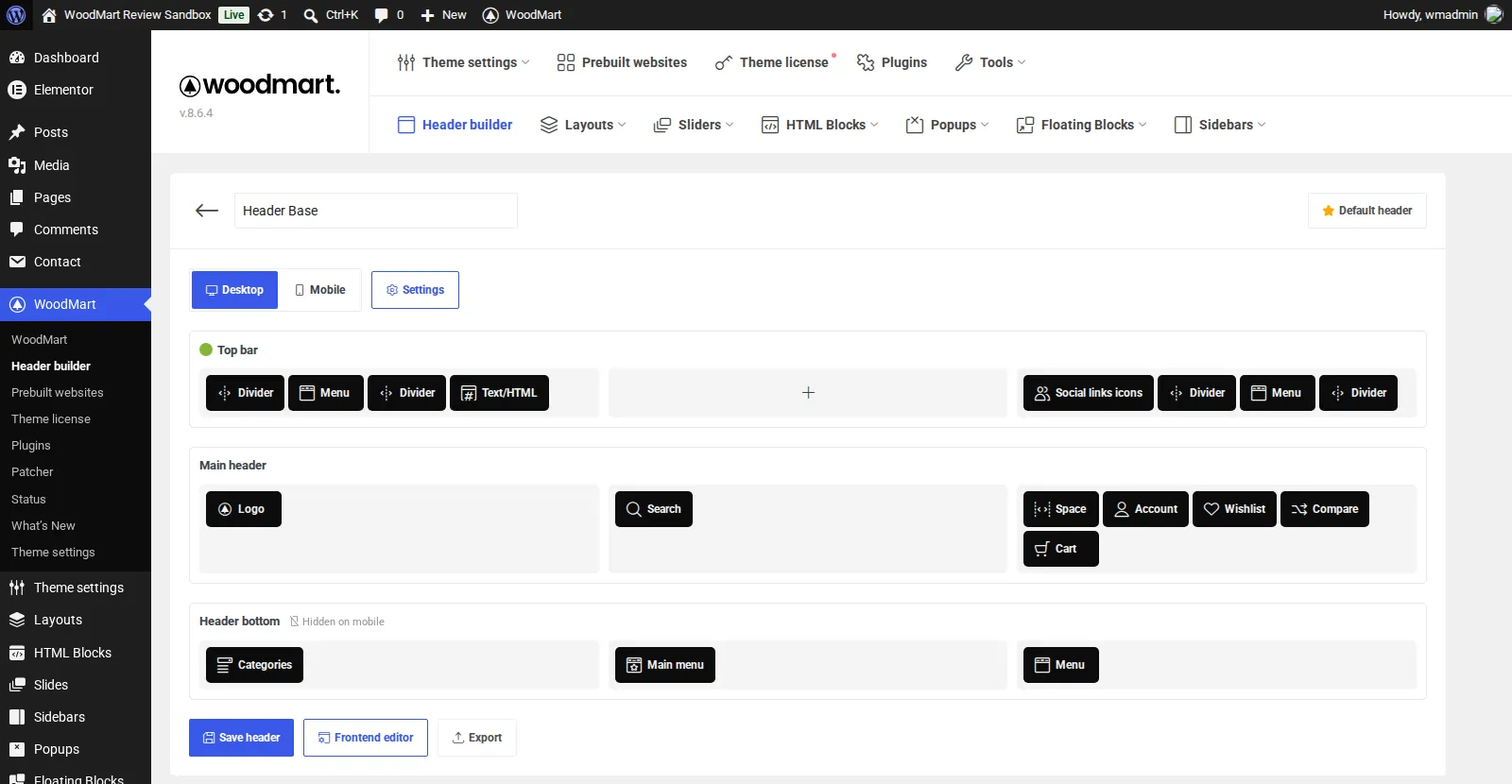 WoodMart header builder editing Header Base, with Top bar, Main header and Header bottom rows holding elements such as Menu, Social links icons, Logo, Search, Account, Wishlist, Compare, Cart, Categories and Main menu