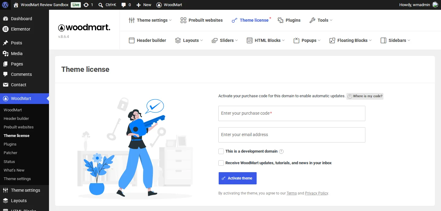 WoodMart Theme license page with fields for purchase code and email, a development domain checkbox, a newsletter checkbox and an Activate theme button