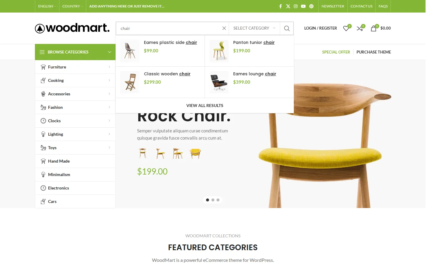 WoodMart live search dropdown after typing chair, showing Eames plastic side chair, Panton tunior chair, Classic wooden chair and Eames lounge chair with prices