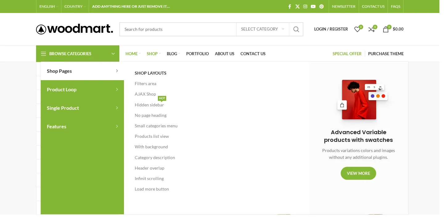 WoodMart Main demo Shop mega menu open, with Shop Pages, Product Loop, Single Product and Features on the left, a list of shop layouts in the middle and a promo for variable products with swatches on the right