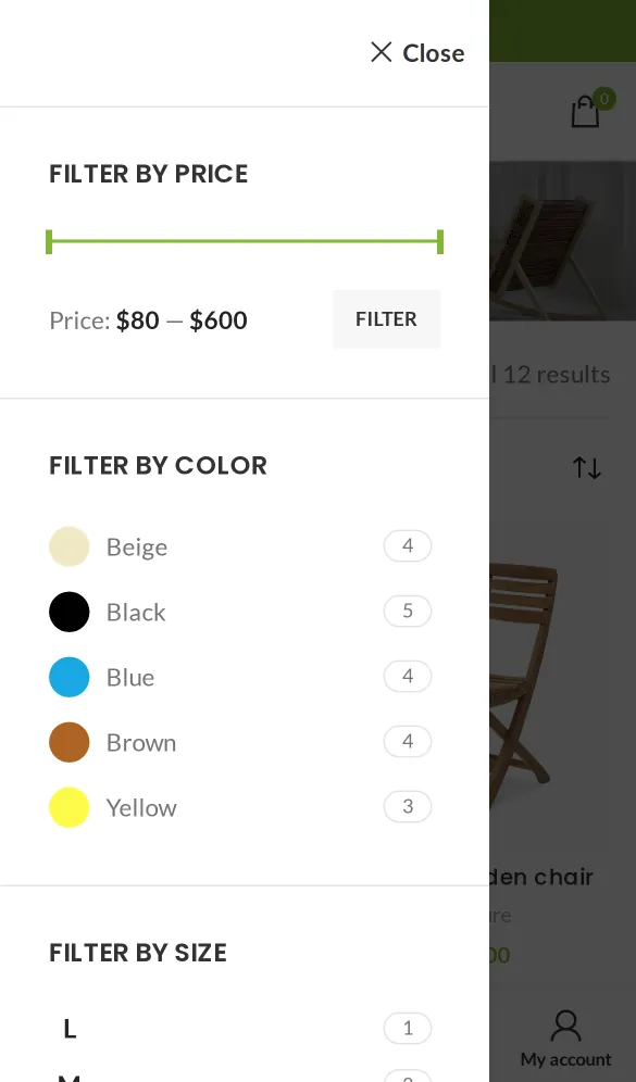 WoodMart shop filters panel slid in from the left on a phone, with price, color and size filters and a Close button