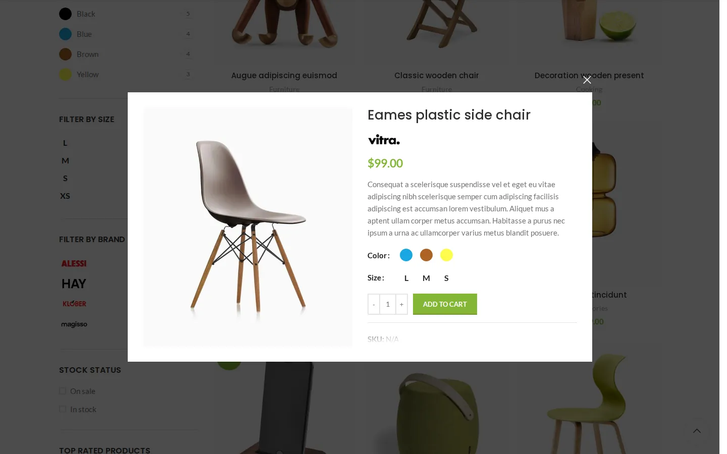WoodMart quick view popup for the Eames plastic side chair with a Vitra logo, $99 price, color swatches, size buttons, quantity and Add to cart