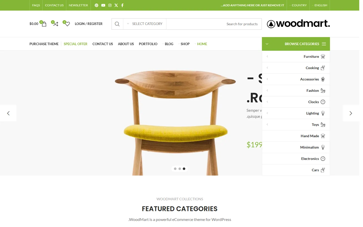WoodMart Main demo in Arabic with the layout mirrored, the logo and Browse Categories menu on the right and the cart, compare and wishlist icons on the left