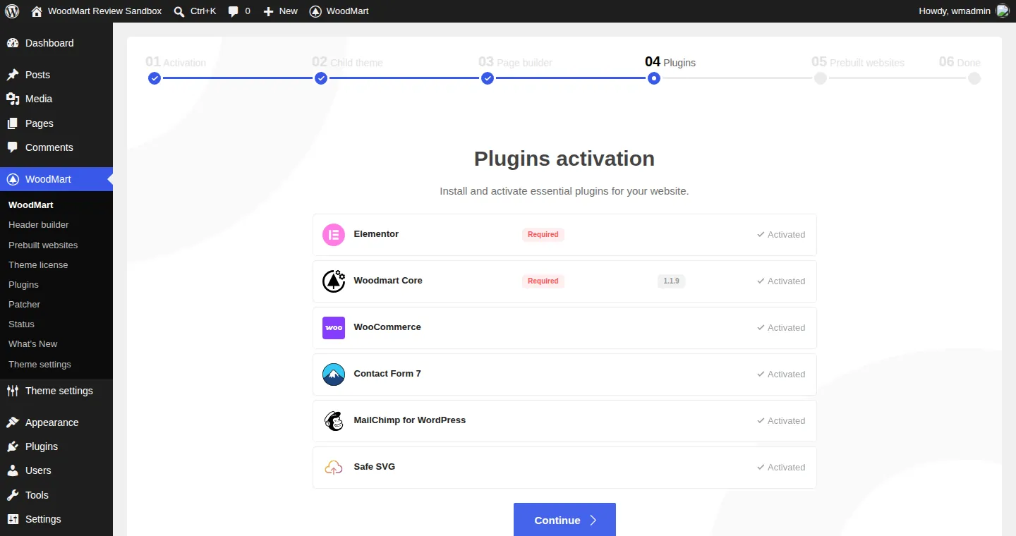 WoodMart setup wizard Plugins step showing Elementor and Woodmart Core marked Required, plus WooCommerce, Contact Form 7, MailChimp for WordPress and Safe SVG, all activated