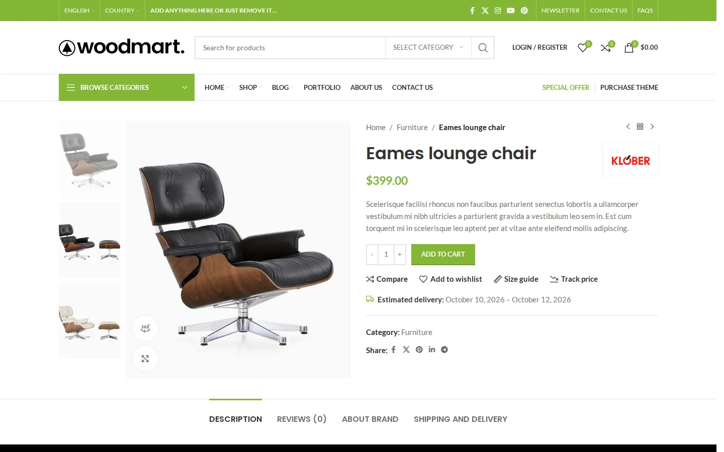 WoodMart product page for the Eames lounge chair with a vertical gallery, 360 button, brand logo, $399 price, Add to cart, Compare, Add to wishlist, Size guide and Track price links, and an estimated delivery date