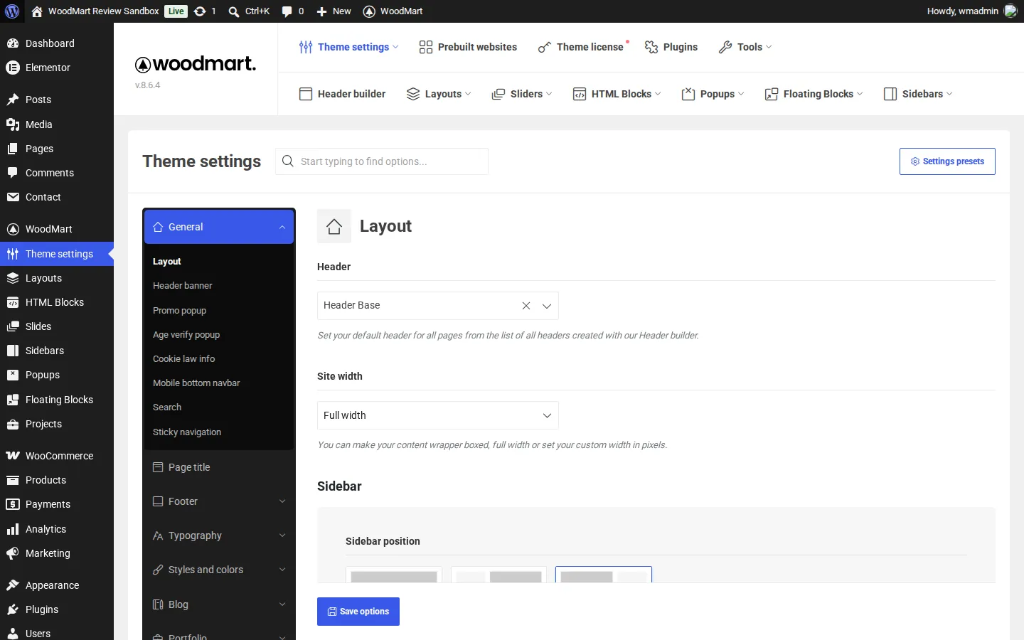 WoodMart Theme settings page showing the General Layout panel with a header selector, site width and sidebar options, and a left menu with Header banner, Promo popup, Cookie law info, Mobile bottom navbar and more