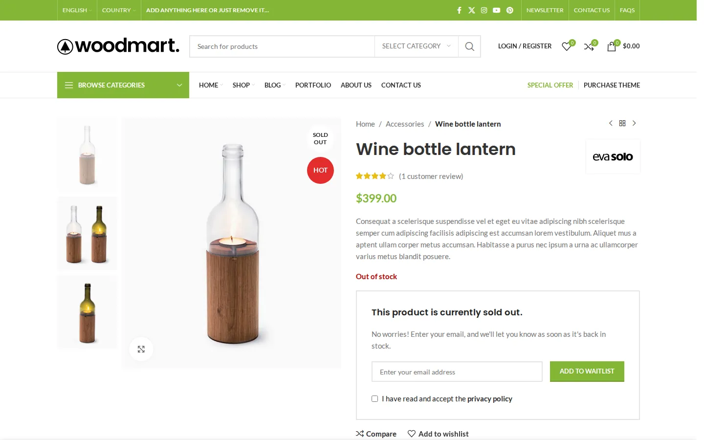 WoodMart out of stock product page with a Sold out badge and a waitlist box saying This product is currently sold out, with an email field, Add to waitlist button and privacy policy checkbox