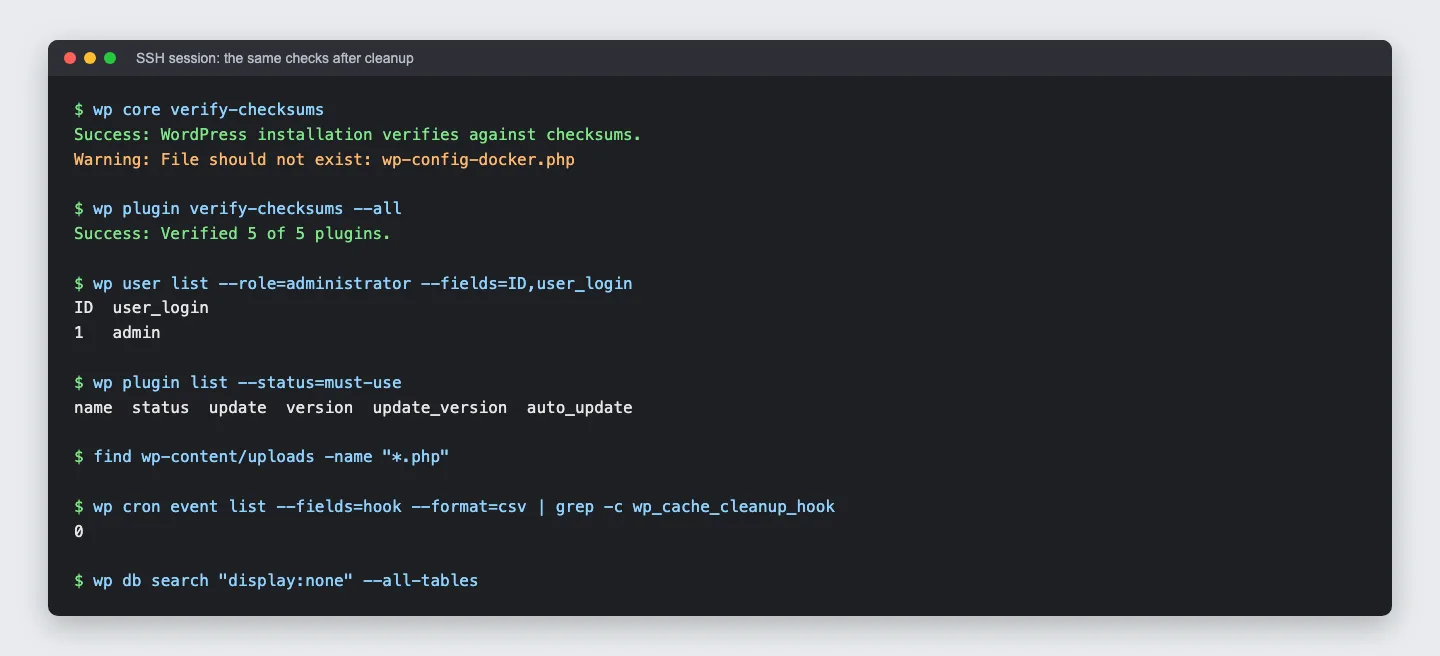 Terminal output after cleanup: core checksums pass, all five plugins verify, one admin left, no must-use plugins, no PHP files in uploads, zero matching cron events and no database matches