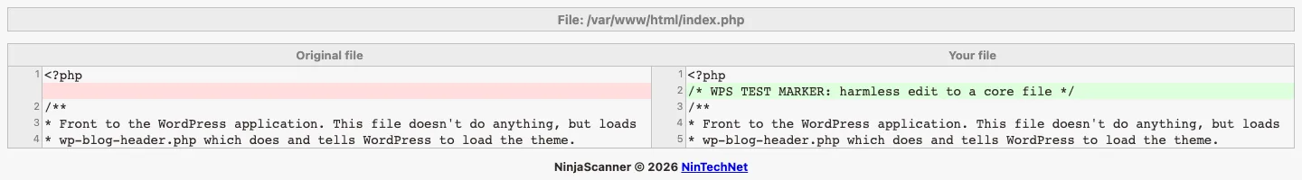 NinjaScanner file comparison showing the original index.php on the left and the test site’s copy on the right with one added comment line highlighted in green