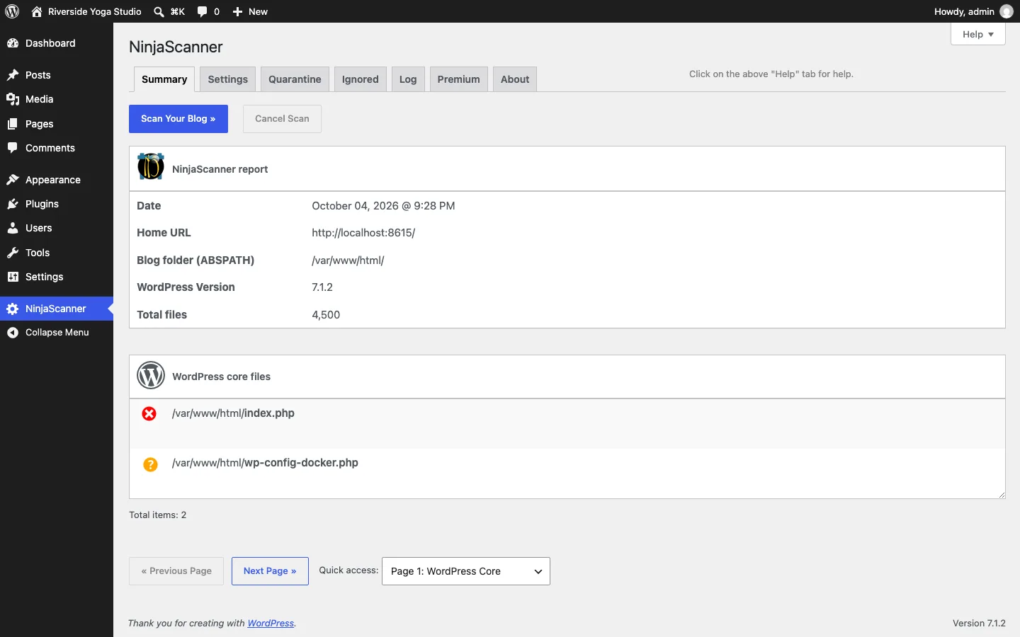 NinjaScanner report page listing WordPress core files with a red mark on index.php and a question mark on wp-config-docker.php