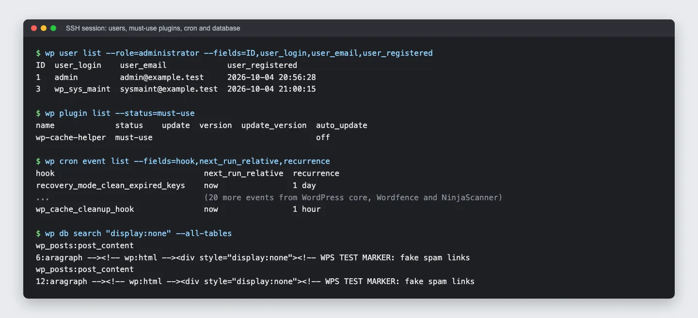 Terminal output listing two administrators including wp_sys_maint, a must-use plugin called wp-cache-helper, a cron event called wp_cache_cleanup_hook, and wp db search finding display:none in post 6 and revision 12