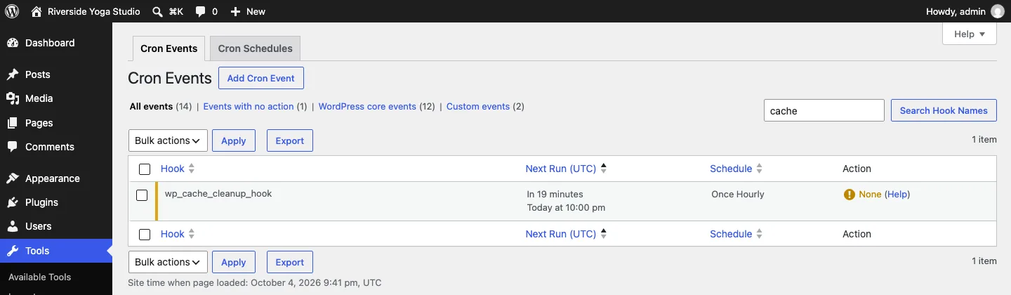 WP Crontrol Cron Events screen showing wp_cache_cleanup_hook scheduled once hourly with its action marked None, and a filter link for Events with no action