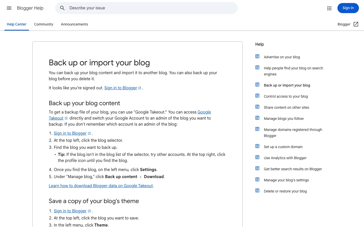 The Blogger Help Center page Back up or import your blog, which tells you to use Google Takeout to download a backup