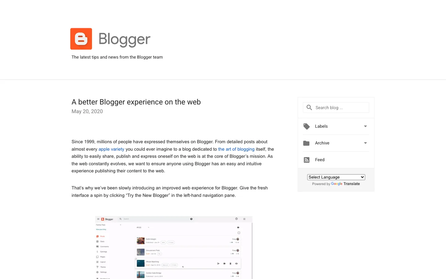 The official Blogger team blog showing its most recent post, dated May 20, 2020