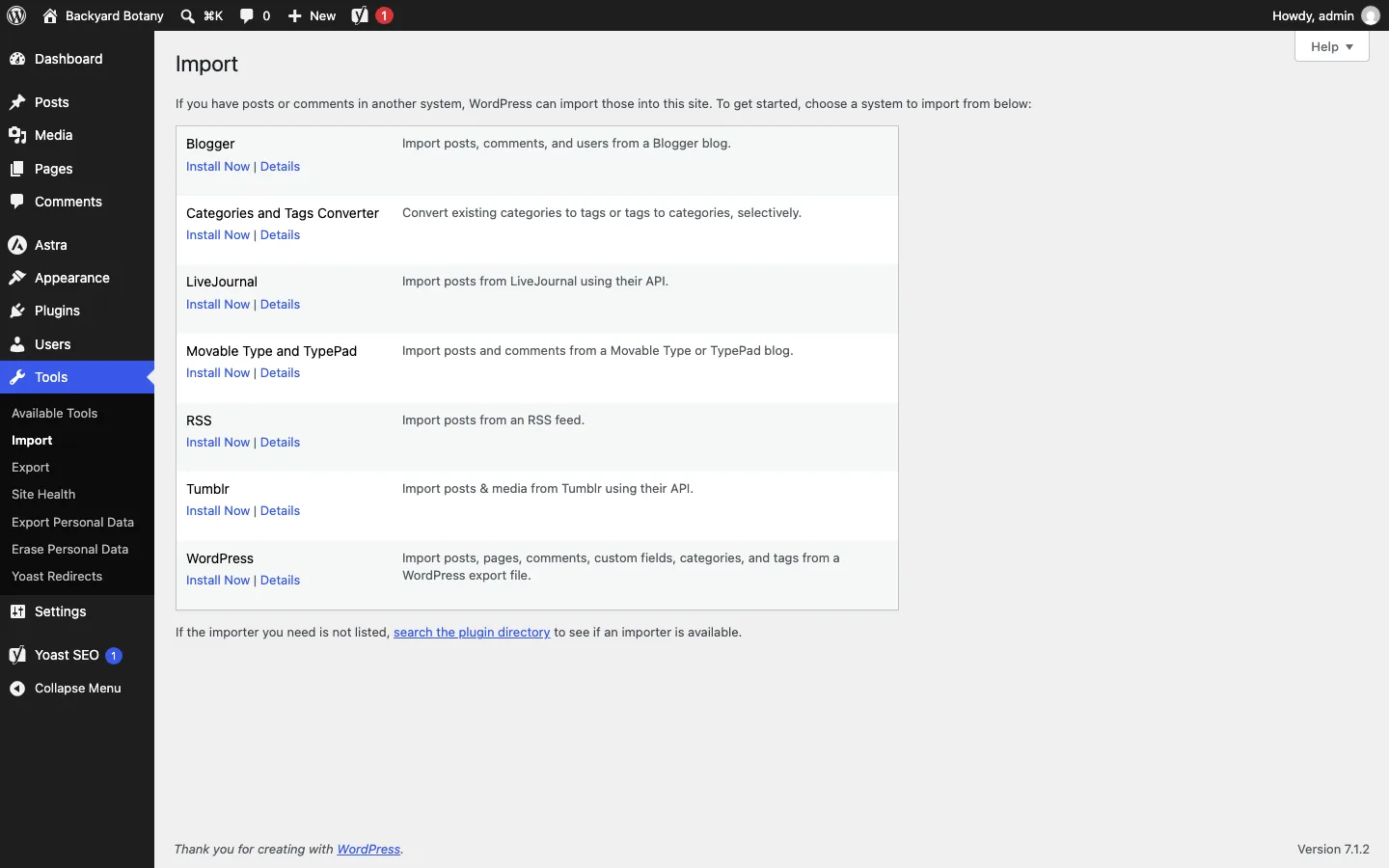 The WordPress Tools Import screen listing Blogger as the first importer with an Install Now link