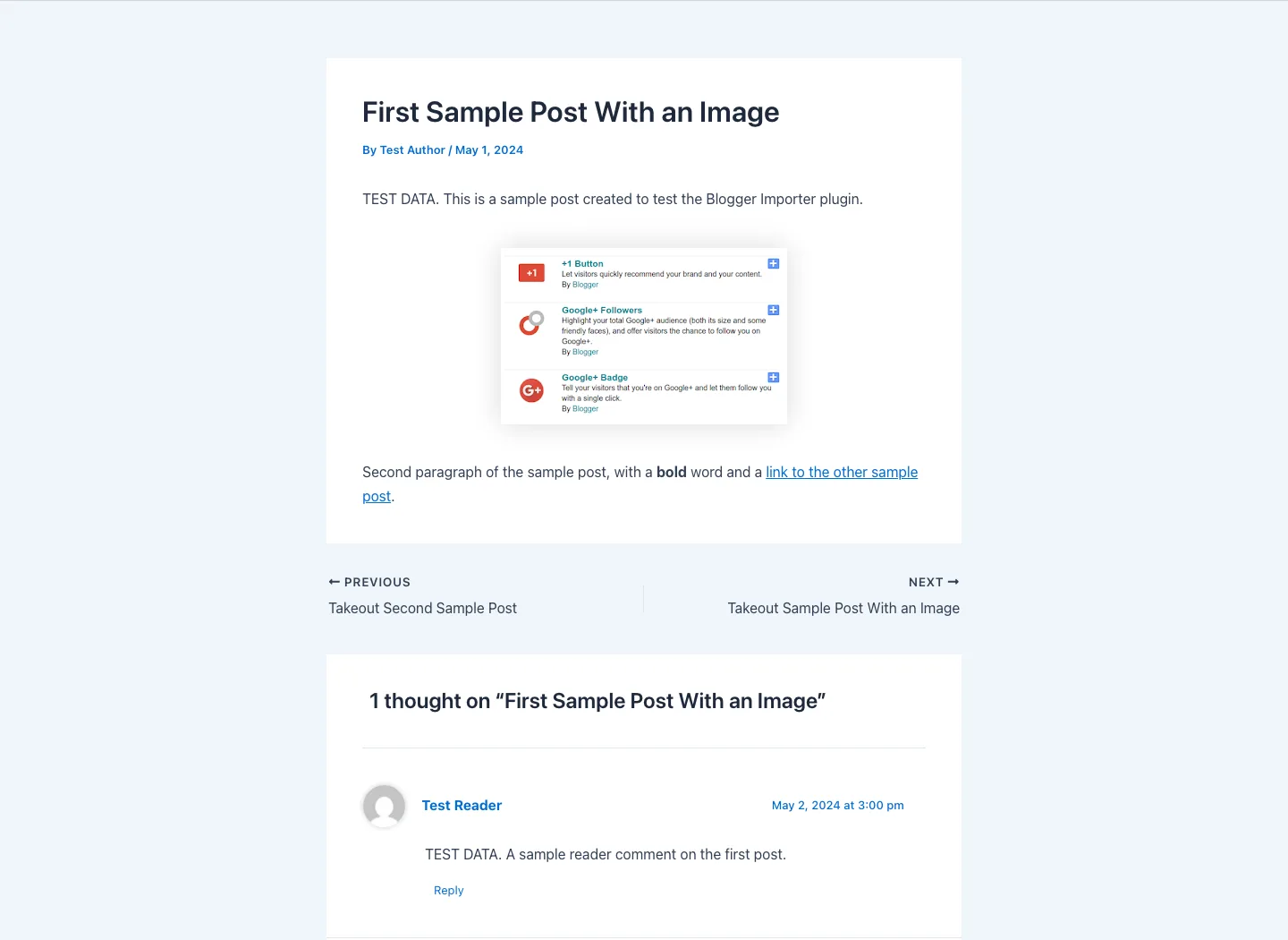 An imported test post on the WordPress blog with its image, a link to another post and one imported reader comment
