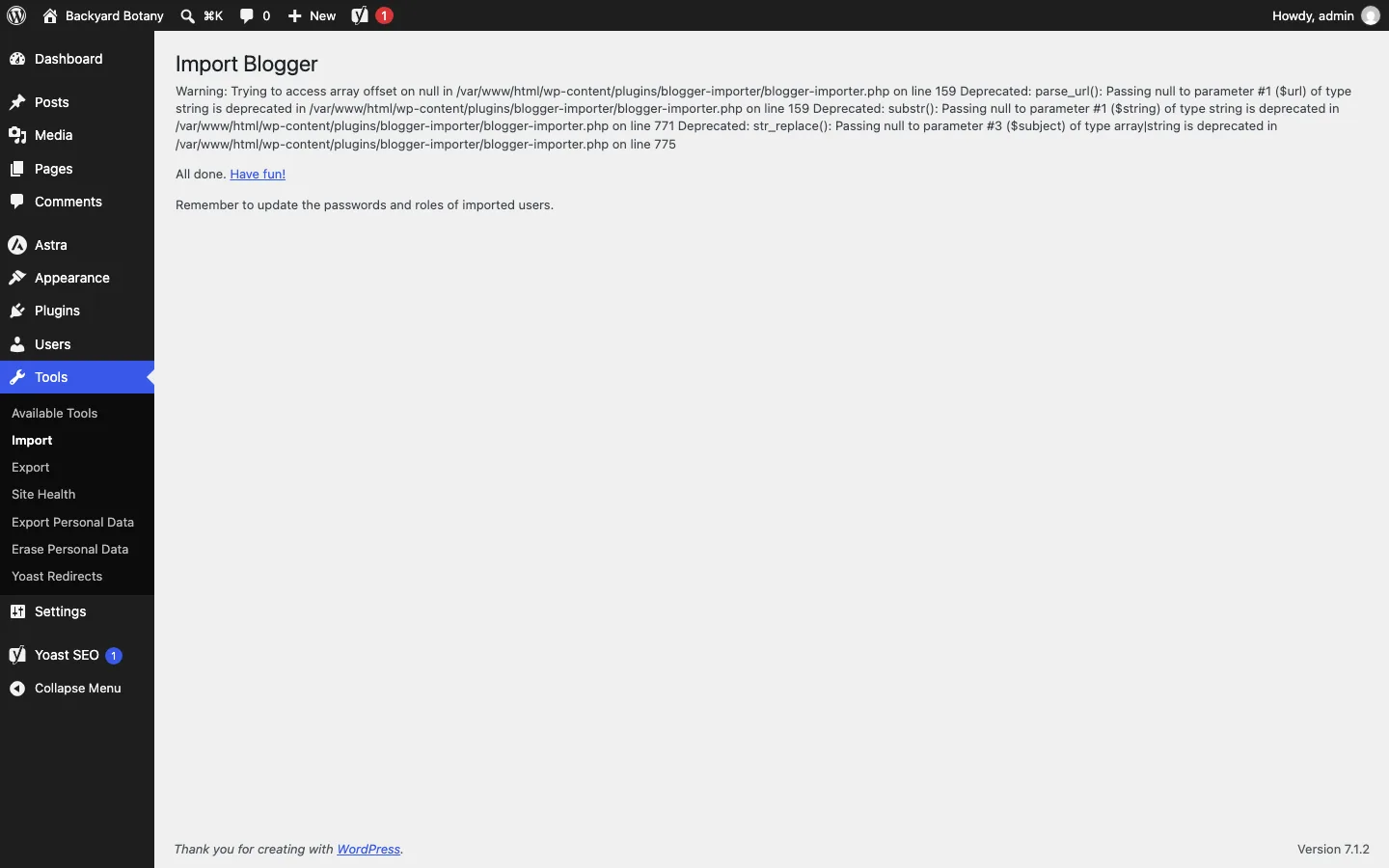 The Blogger Importer finish screen showing PHP warnings followed by the message All done. Have fun!, after importing nothing from a Takeout file
