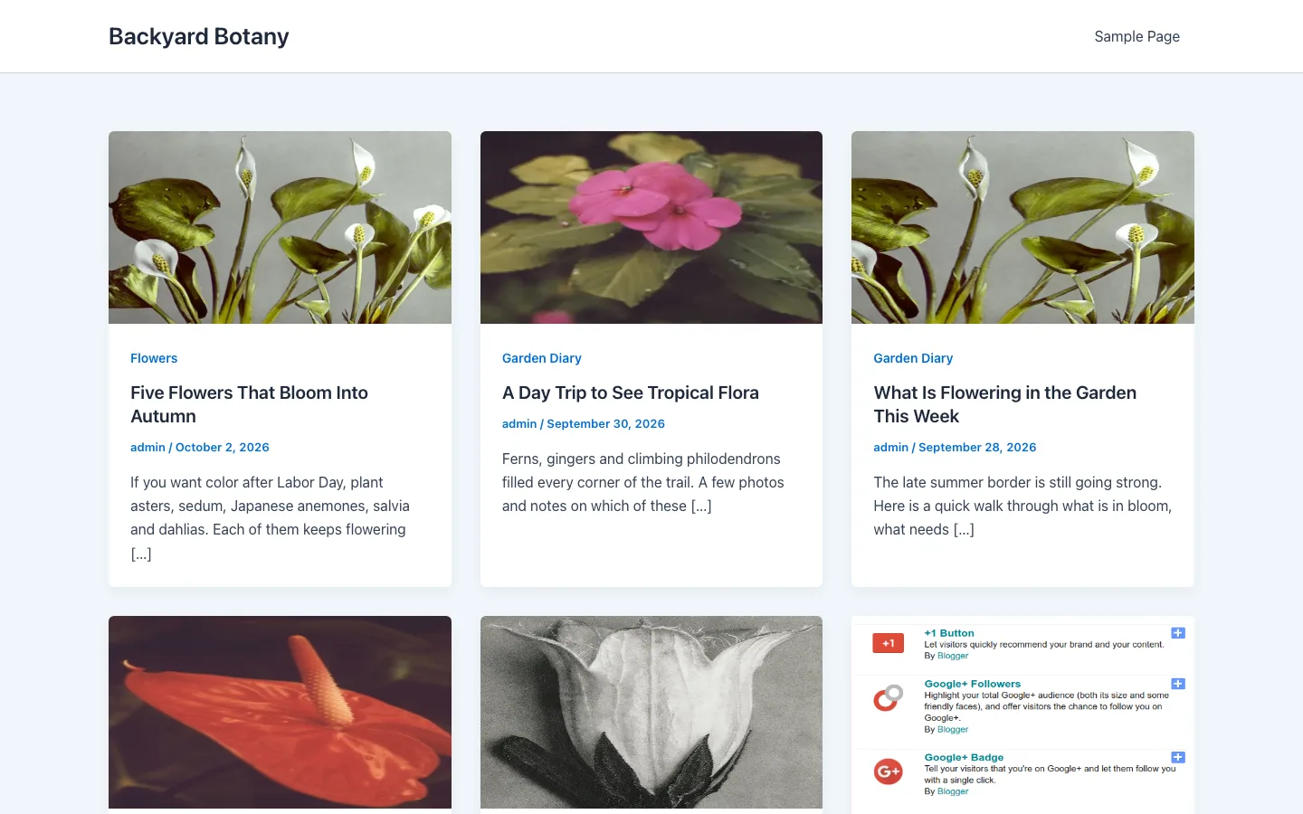 A test WordPress blog called Backyard Botany running the free Astra theme, with post cards for flowers and houseplants
