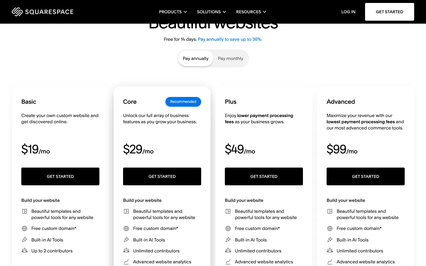 Squarespace pricing page showing Basic $19, Core $29, Plus $49 and Advanced $99 per month billed annually
