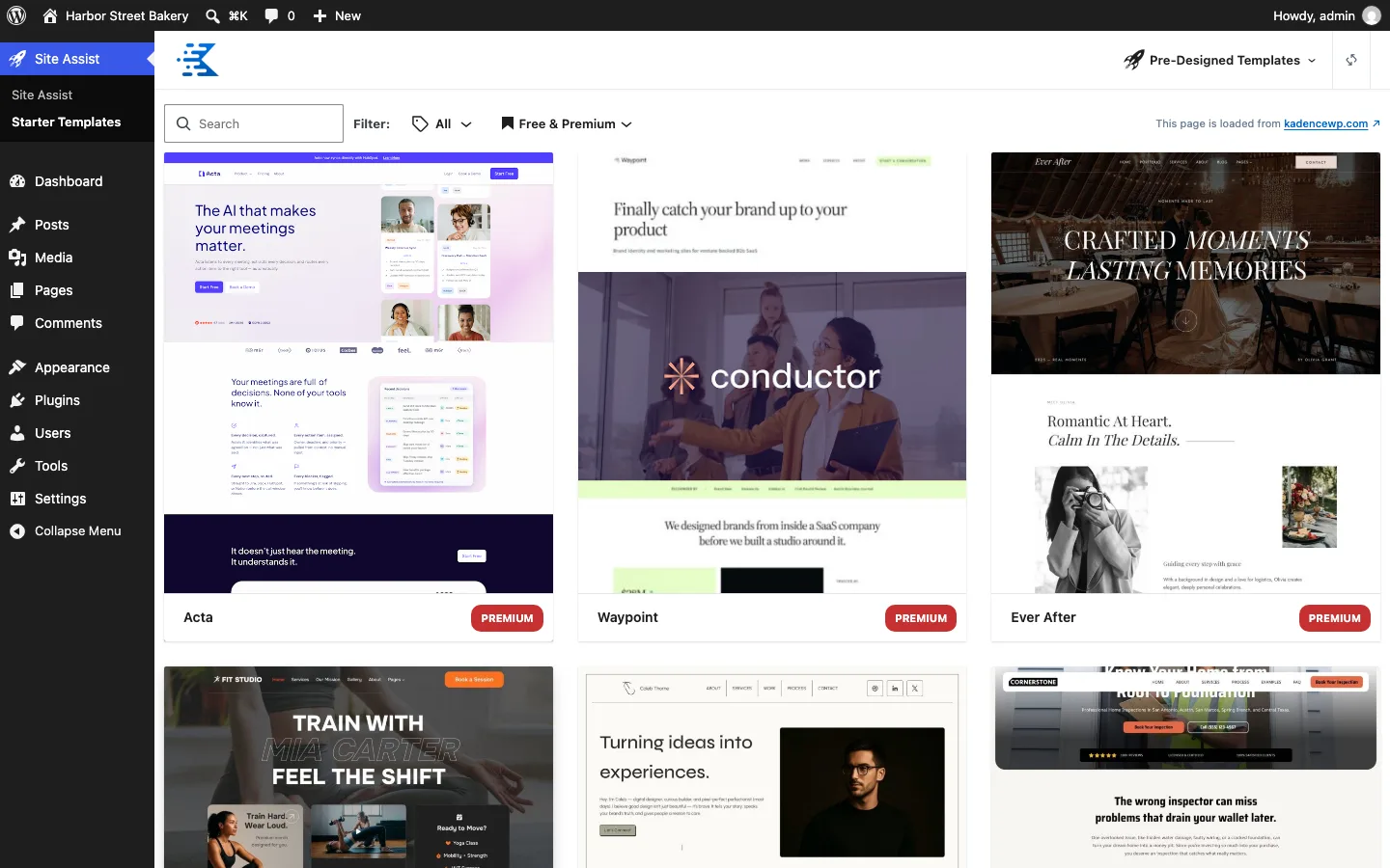 Kadence Starter Templates library inside the WordPress dashboard showing free and premium templates