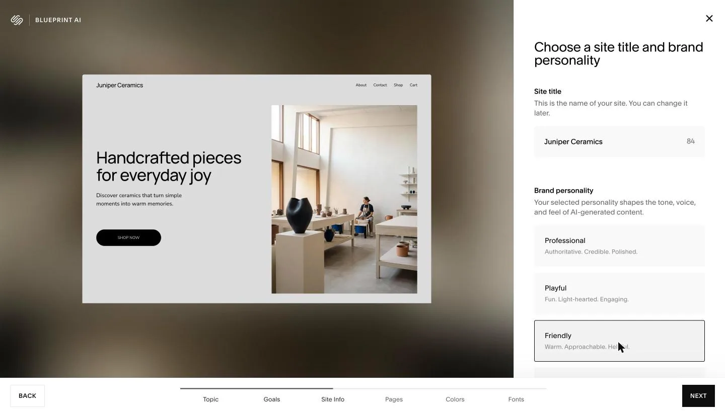 Squarespace Blueprint AI step for choosing a site title and brand personality, with a live homepage preview