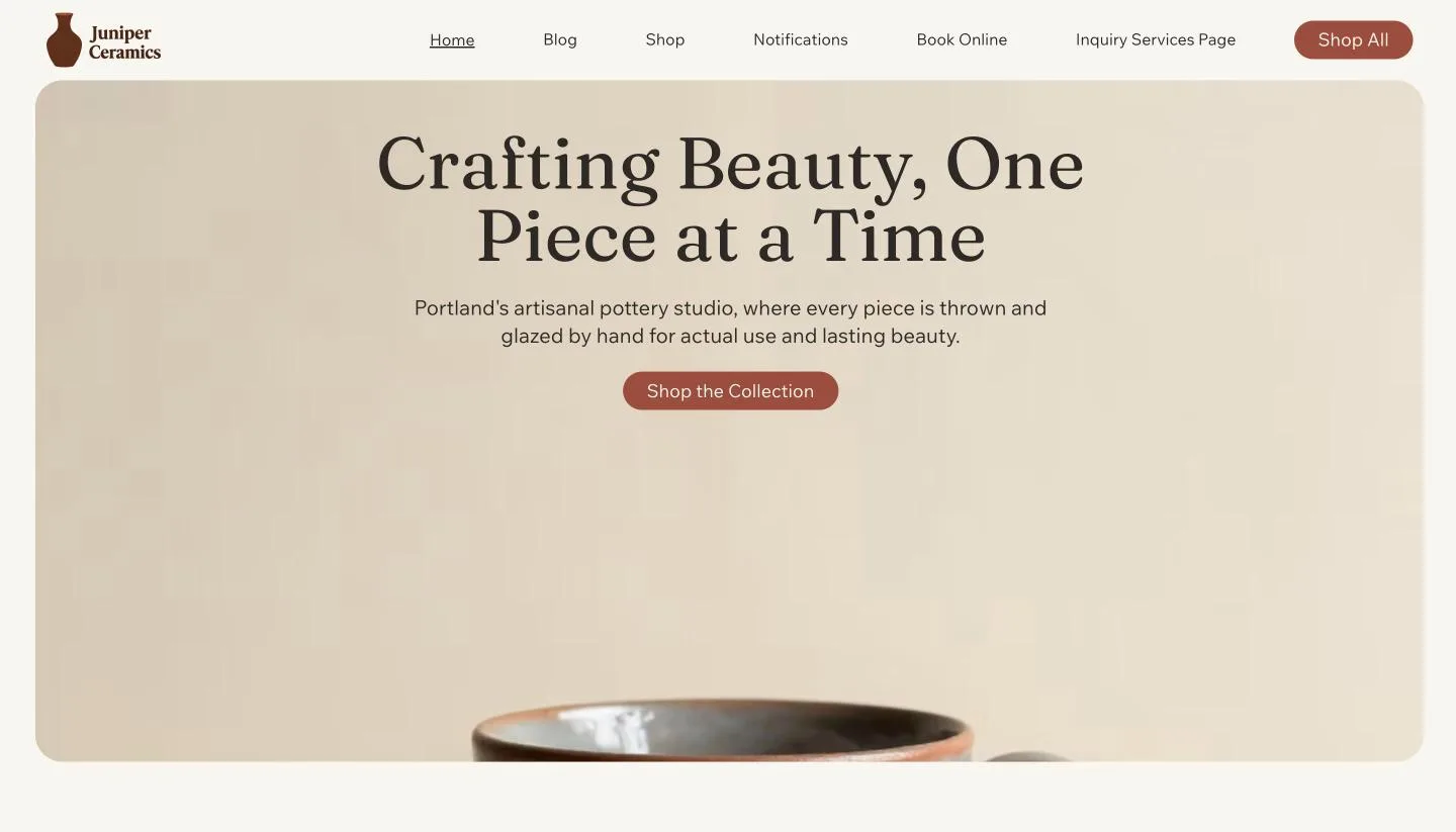 Homepage of the Juniper Ceramics test site that Wix’s Aria AI builder generated on the free plan