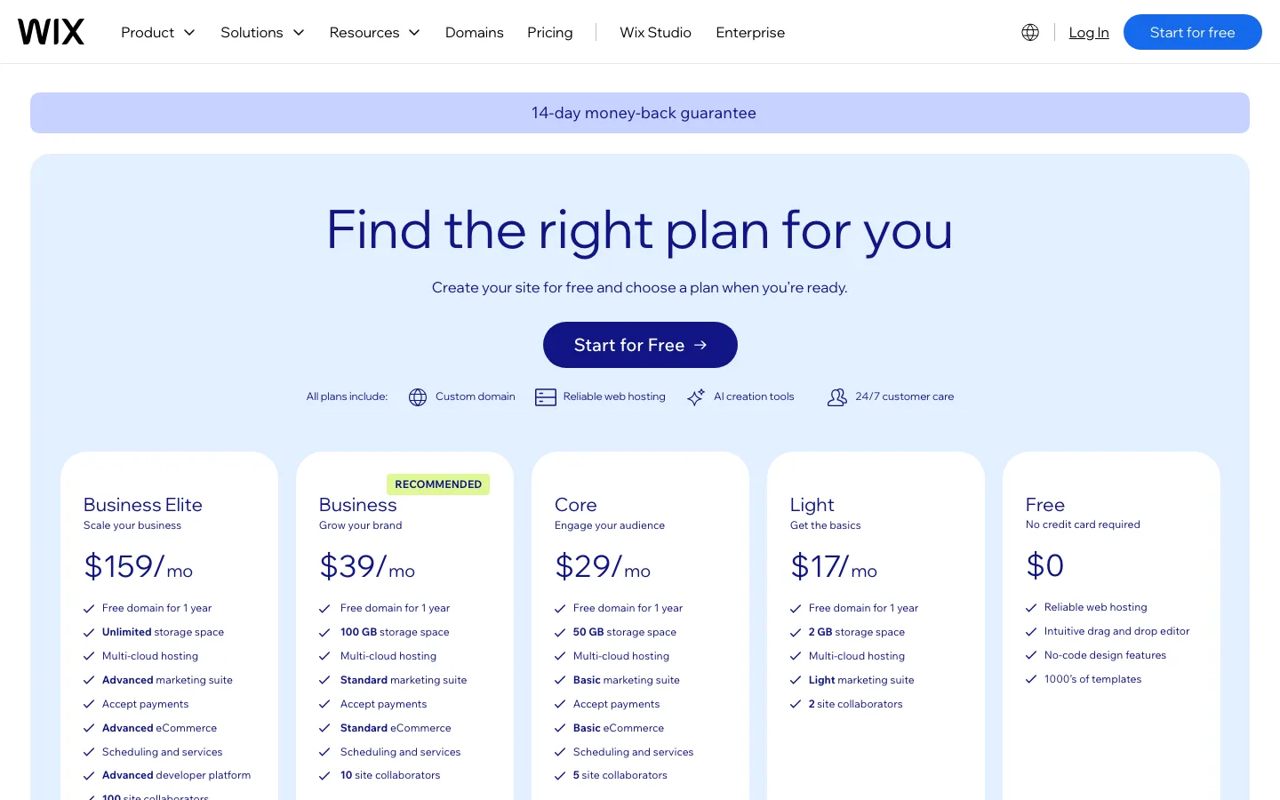 Wix pricing page with Business Elite, Business, Core, Light and Free plans billed yearly
