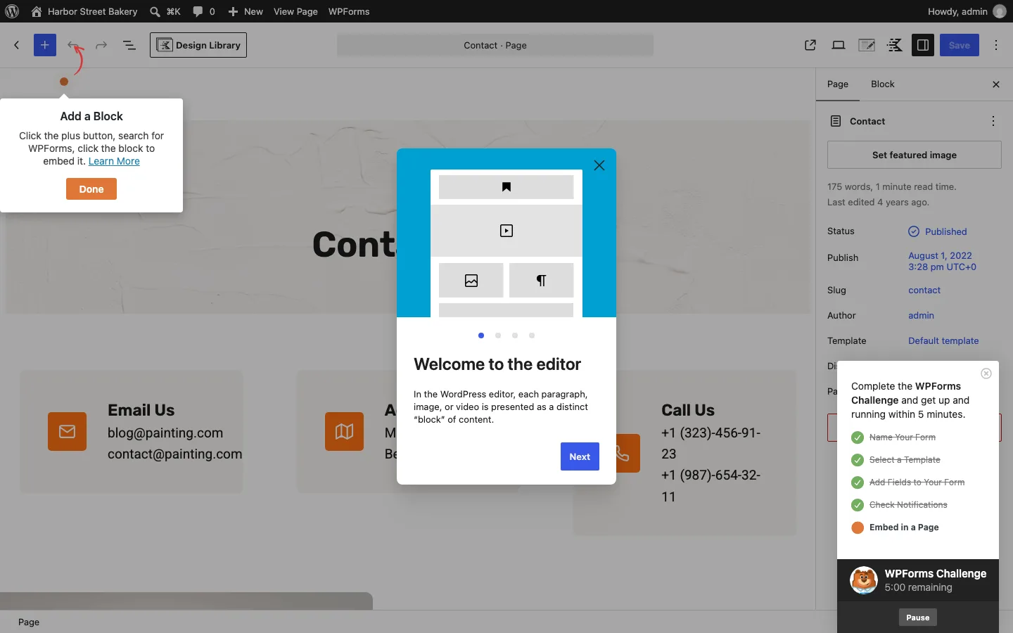 WordPress block editor with a welcome guide, a WPForms tip and a WPForms Challenge timer all open at once