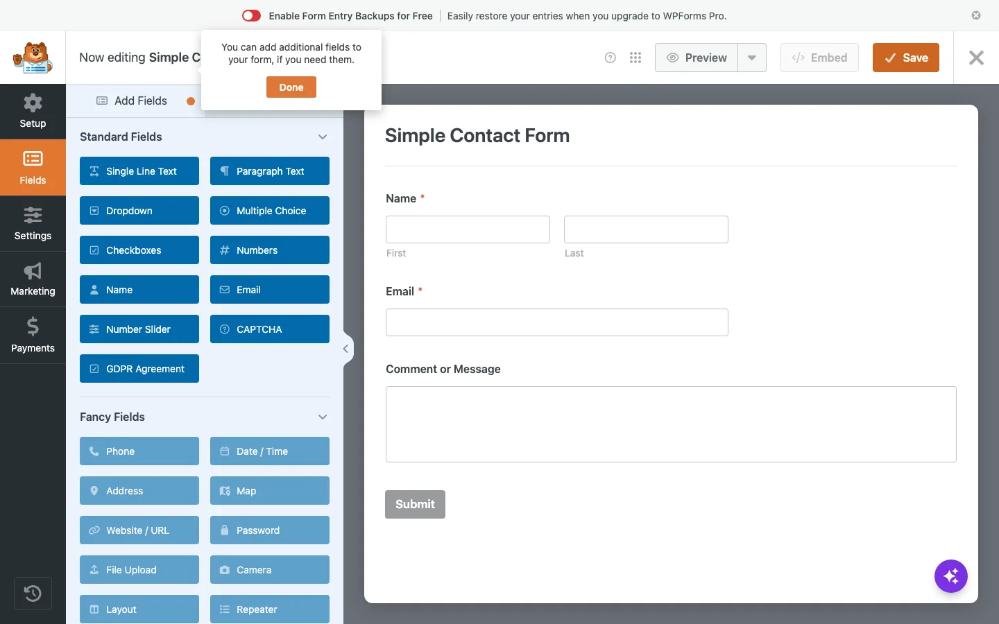WPForms Lite form builder showing the Simple Contact Form template with name, email and message fields