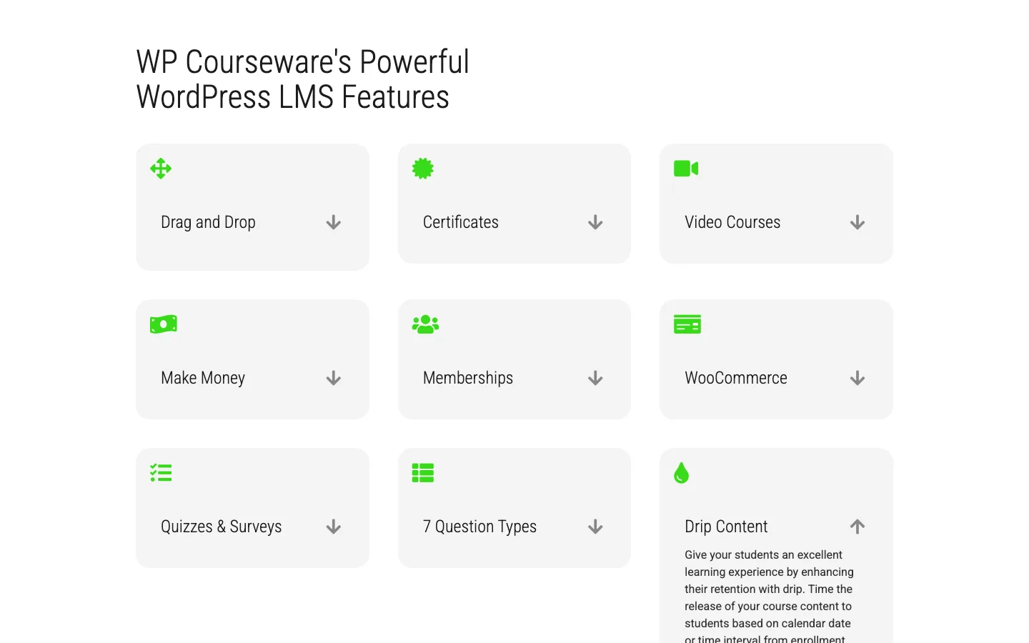 WP Courseware feature grid on the Fly Plugins website showing drag and drop, certificates, video courses, payments, memberships, WooCommerce, quizzes, question types and drip content