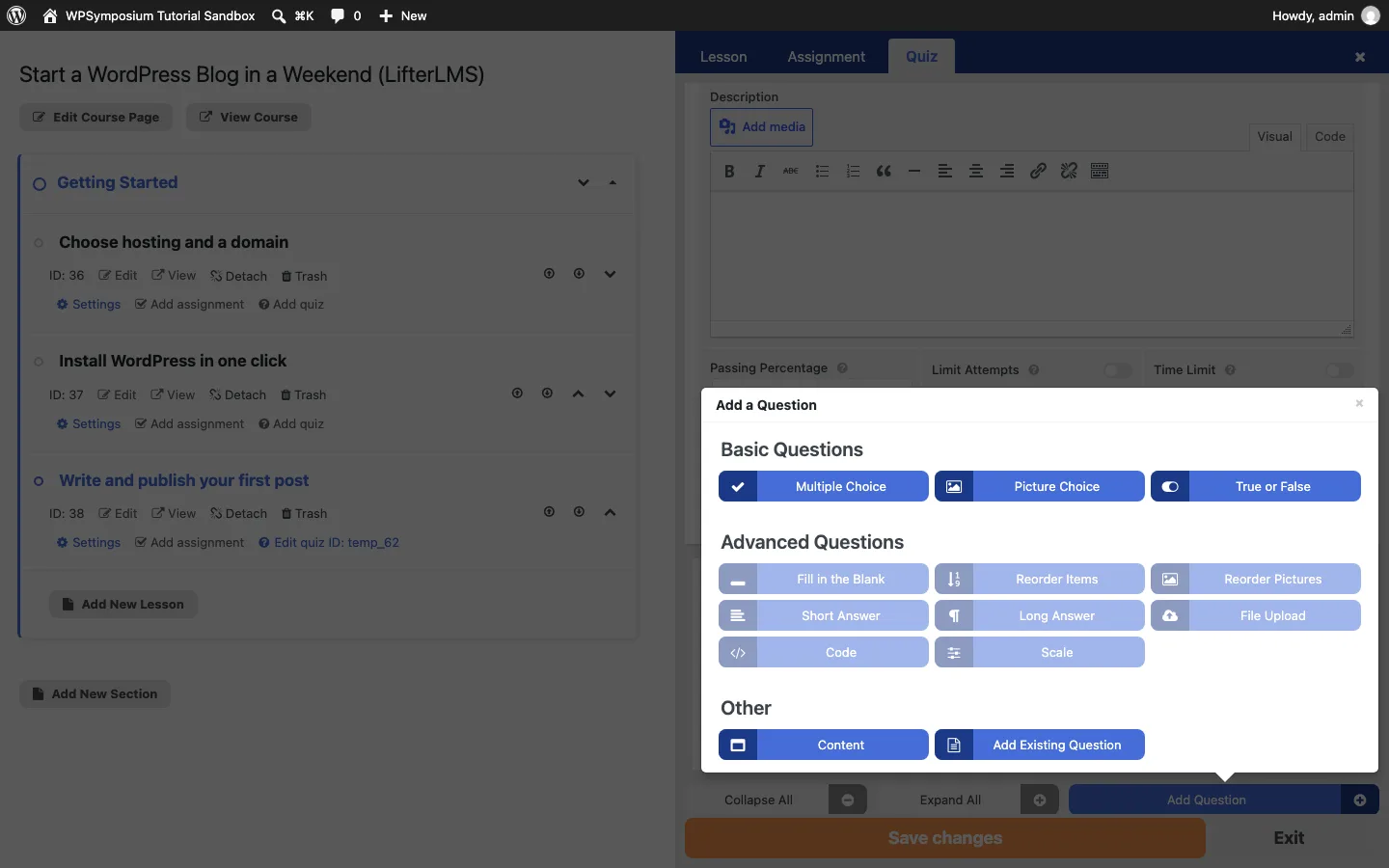 LifterLMS course builder with the Add a Question panel open, showing Multiple Choice, Picture Choice and True or False available and advanced question types greyed out